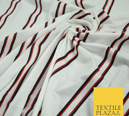 White with Black & Red Stripe Print Soft Touch Stretch Jersey Fabric 56" 6625