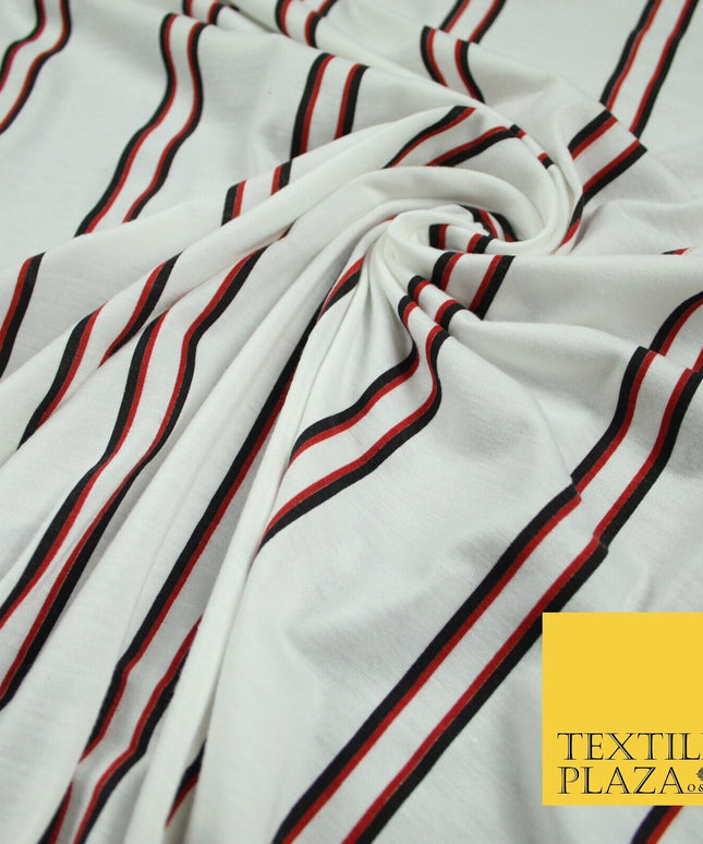 White with Black & Red Stripe Print Soft Touch Stretch Jersey Fabric 56" 6625
