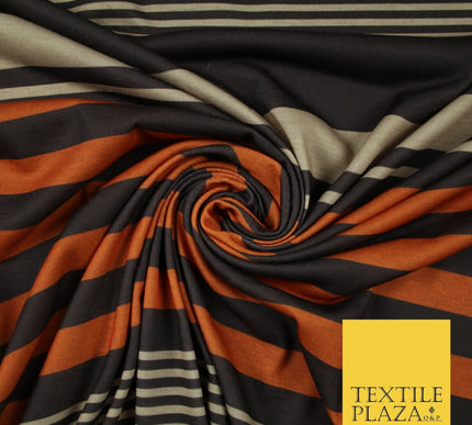 Black Orange Beige Multi Stripe Print Soft Touch Stretch Jersey Fabric 56" 6624