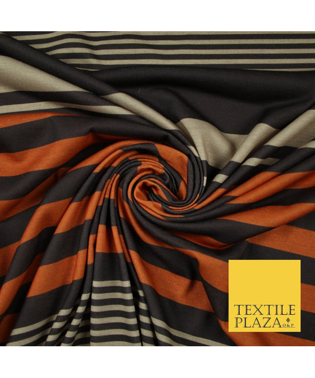 Black Orange Beige Multi Stripe Print Soft Touch Stretch Jersey Fabric 56" 6624
