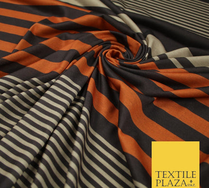 Black Orange Beige Multi Stripe Print Soft Touch Stretch Jersey Fabric 56" 6624