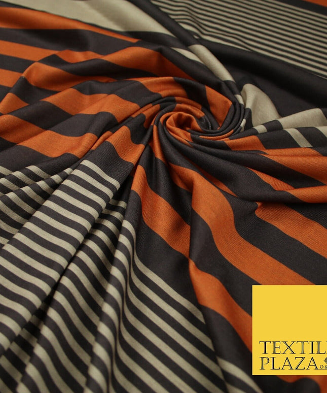 Black Orange Beige Multi Stripe Print Soft Touch Stretch Jersey Fabric 56" 6624