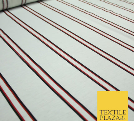 White with Black & Red Stripe Print Soft Touch Stretch Jersey Fabric 56" 6625