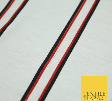 White with Black & Red Stripe Print Soft Touch Stretch Jersey Fabric 56" 6625