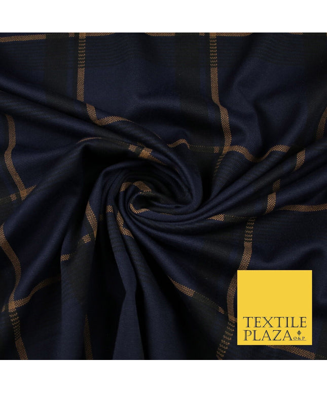 Navy Blue with Rust Check Print Soft Touch Stretch Jersey Fabric 56" 6617