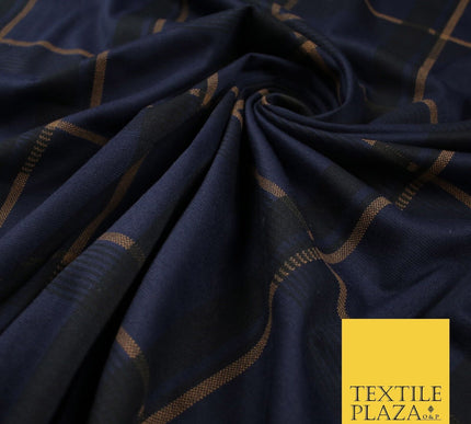 Navy Blue with Rust Check Print Soft Touch Stretch Jersey Fabric 56" 6617