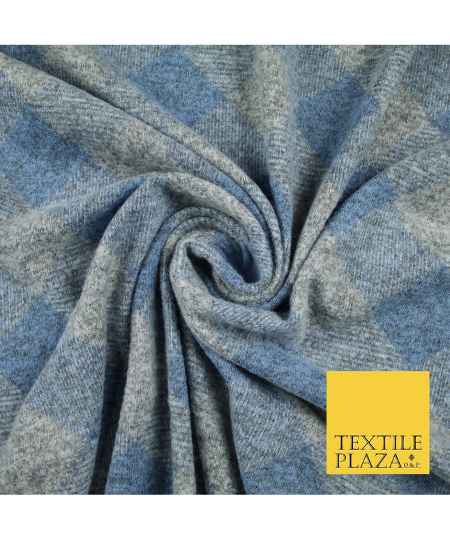 Baby Blue & Grey Marl Check Print Soft Touch Stretch Jersey Fabric 56" 6620