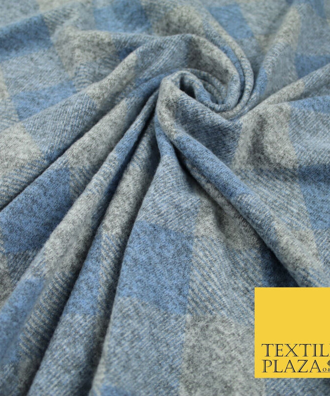 Baby Blue & Grey Marl Check Print Soft Touch Stretch Jersey Fabric 56" 6620