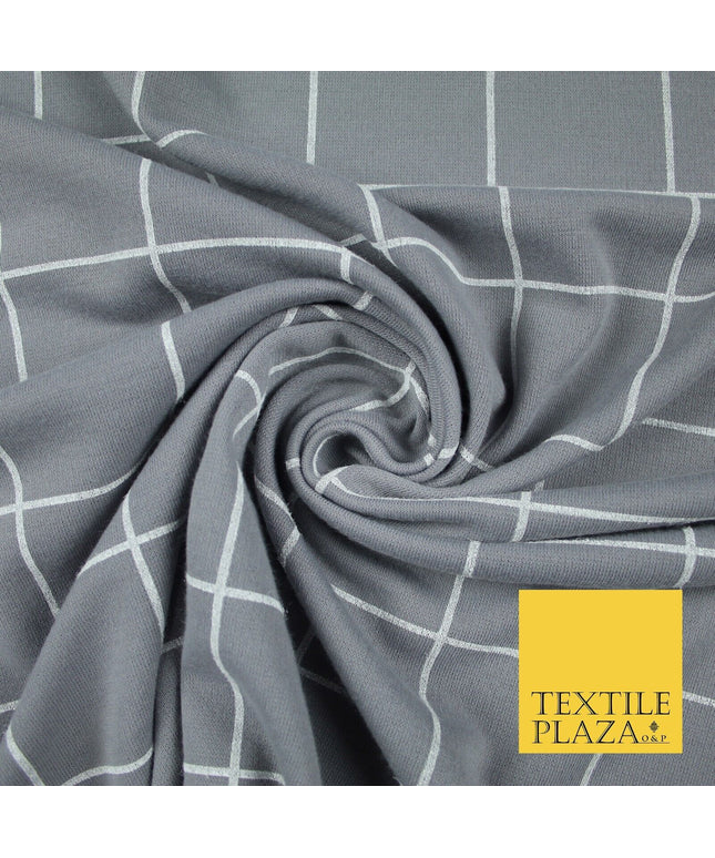 Grey with White Large Check Print Soft Touch Stretch Jersey Fabric 56" 6614