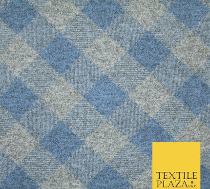 Baby Blue & Grey Marl Check Print Soft Touch Stretch Jersey Fabric 56" 6620