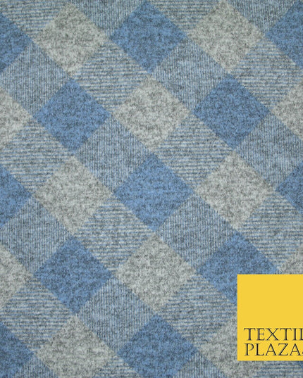 Baby Blue & Grey Marl Check Print Soft Touch Stretch Jersey Fabric 56" 6620
