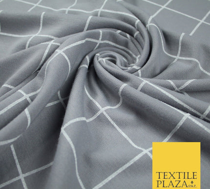 Grey with White Large Check Print Soft Touch Stretch Jersey Fabric 56" 6614