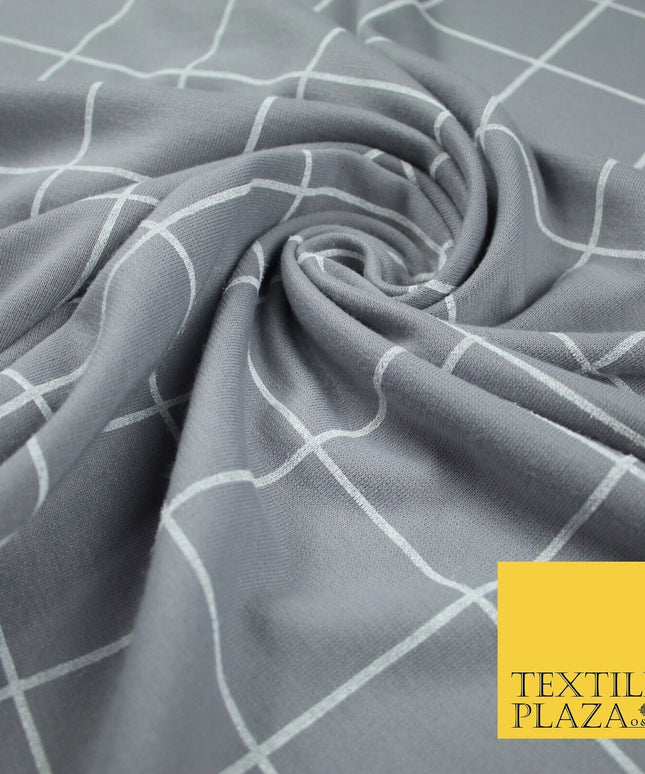 Grey with White Large Check Print Soft Touch Stretch Jersey Fabric 56" 6614