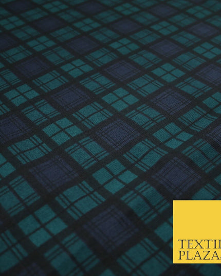 Green & Blue Check Print Soft Touch Stretch Jersey Fabric 56" 6618