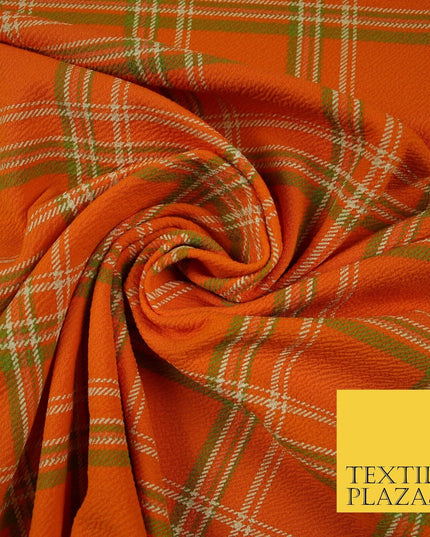 Orange with Green Check Print Soft Touch Stretch Jersey Fabric 56" 6608