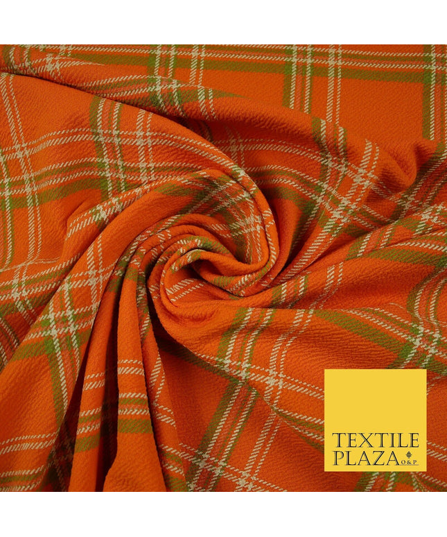 Orange with Green Check Print Soft Touch Stretch Jersey Fabric 56" 6608