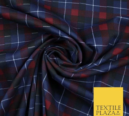 Navy Blue & Red Check Print Soft Touch Stretch Jersey Fabric 56" 6611