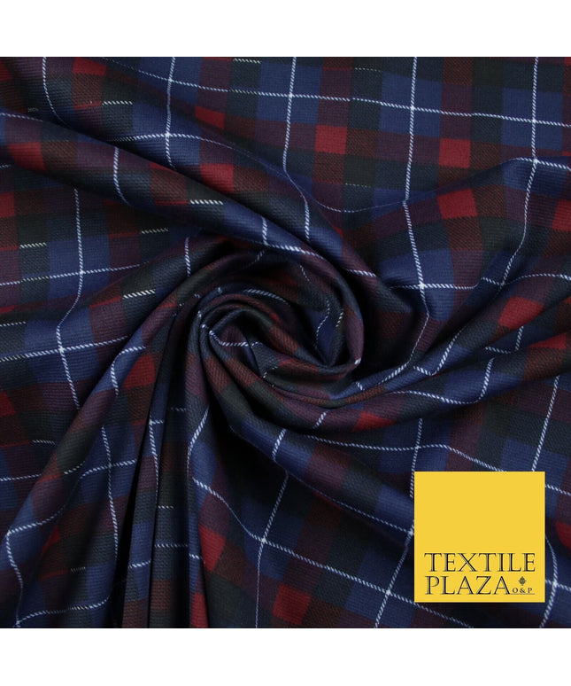 Navy Blue & Red Check Print Soft Touch Stretch Jersey Fabric 56" 6611