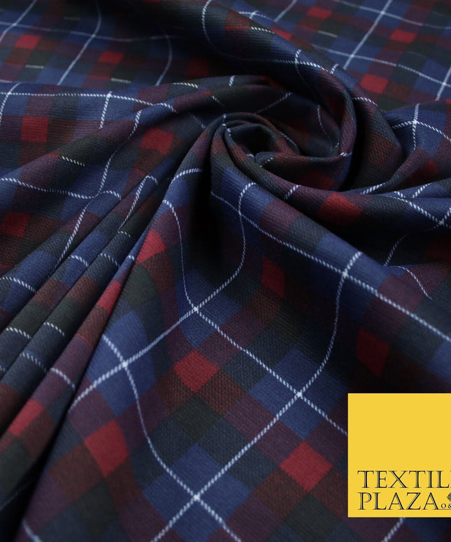 Navy Blue & Red Check Print Soft Touch Stretch Jersey Fabric 56" 6611