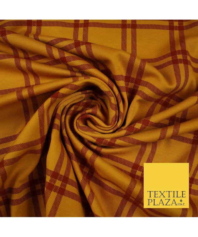 Mustard with Maroon Check Print Soft Touch Stretch Jersey Fabric 56" 6610