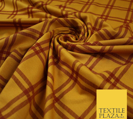Mustard with Maroon Check Print Soft Touch Stretch Jersey Fabric 56" 6610