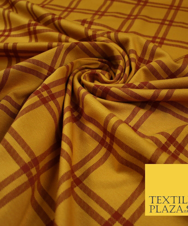 Mustard with Maroon Check Print Soft Touch Stretch Jersey Fabric 56" 6610