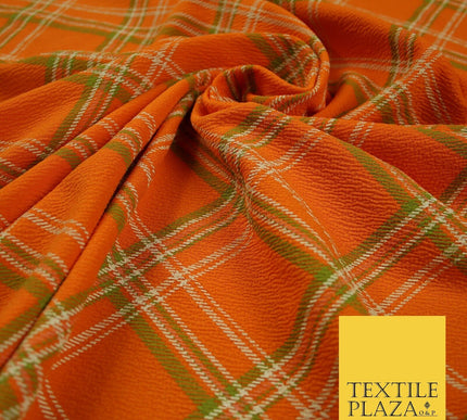 Orange with Green Check Print Soft Touch Stretch Jersey Fabric 56" 6608