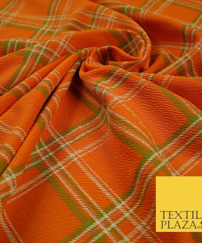 Orange with Green Check Print Soft Touch Stretch Jersey Fabric 56" 6608