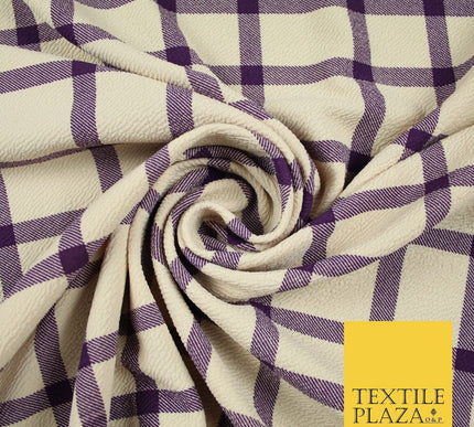 Beige with Purple Check Print Soft Touch Stretch Jersey Fabric 56" 6602