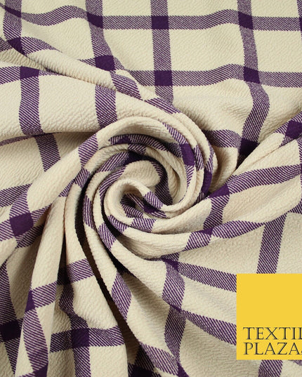 Beige with Purple Check Print Soft Touch Stretch Jersey Fabric 56" 6602