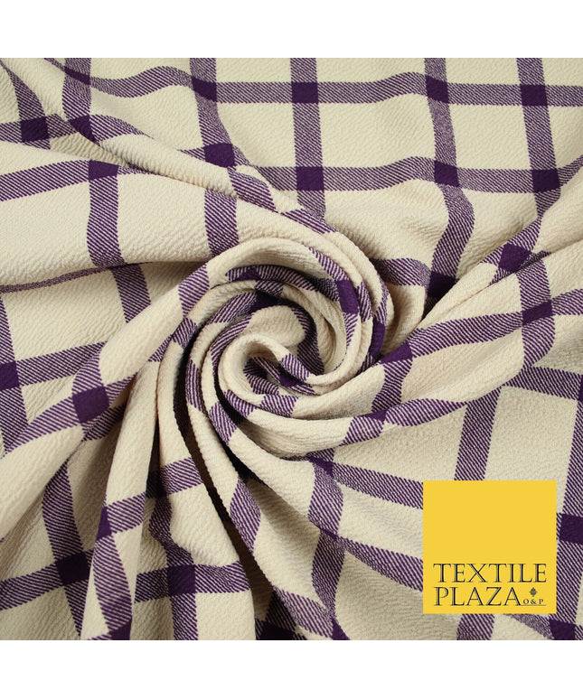 Beige with Purple Check Print Soft Touch Stretch Jersey Fabric 56" 6602