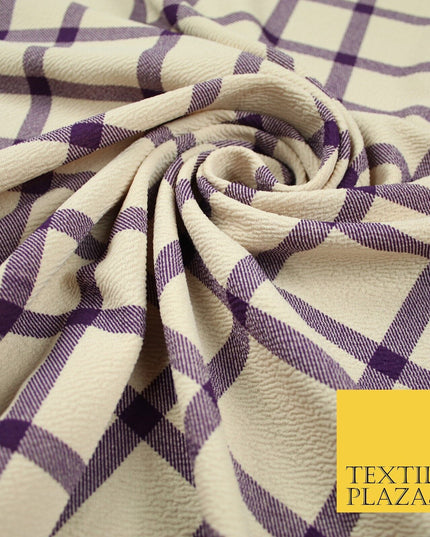 Beige with Purple Check Print Soft Touch Stretch Jersey Fabric 56" 6602