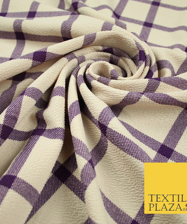 Beige with Purple Check Print Soft Touch Stretch Jersey Fabric 56" 6602