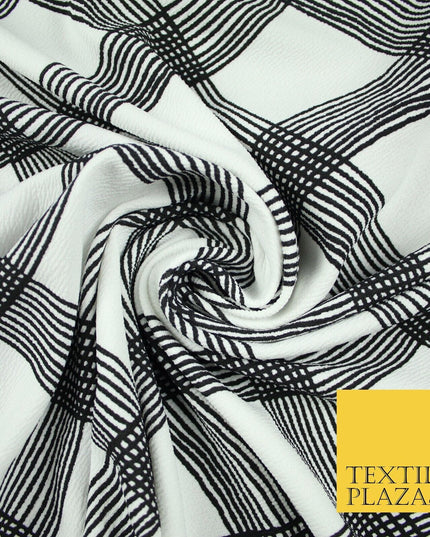 White with Black Swirly Check Print Soft Touch Stretch Jersey Fabric 56" 6601
