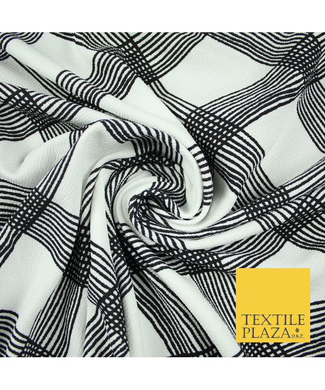 White with Black Swirly Check Print Soft Touch Stretch Jersey Fabric 56" 6601