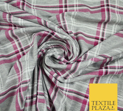 Grey and Pink Check Print Soft Touch Stretch Jersey Fabric 56" 6597