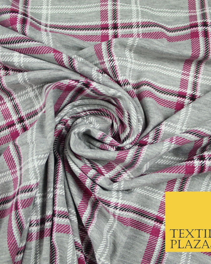 Grey and Pink Check Print Soft Touch Stretch Jersey Fabric 56" 6597