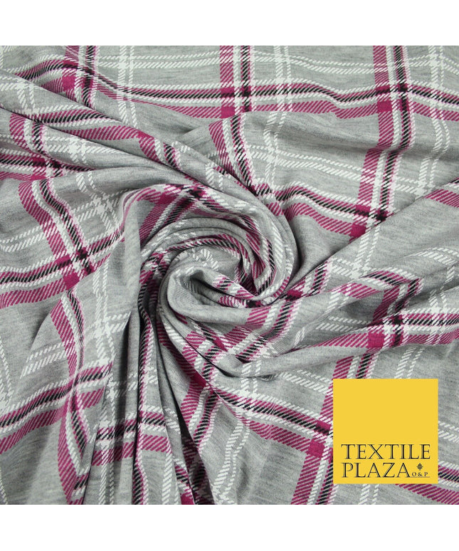 Grey and Pink Check Print Soft Touch Stretch Jersey Fabric 56" 6597