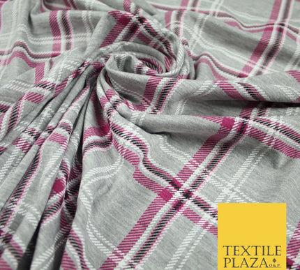 Grey and Pink Check Print Soft Touch Stretch Jersey Fabric 56" 6597