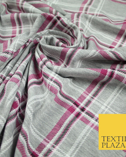 Grey and Pink Check Print Soft Touch Stretch Jersey Fabric 56" 6597