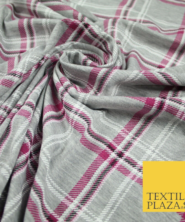 Grey and Pink Check Print Soft Touch Stretch Jersey Fabric 56" 6597