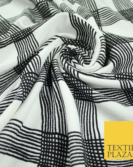 White with Black Swirly Check Print Soft Touch Stretch Jersey Fabric 56" 6601