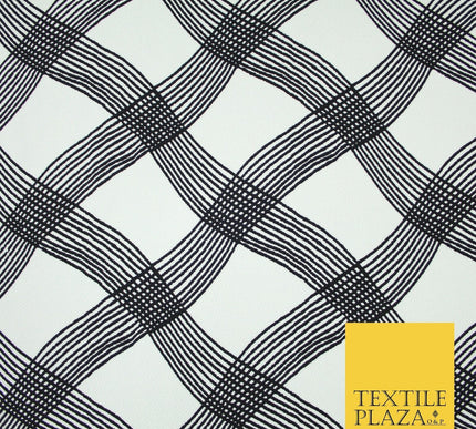 White with Black Swirly Check Print Soft Touch Stretch Jersey Fabric 56" 6601