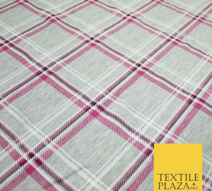 Grey and Pink Check Print Soft Touch Stretch Jersey Fabric 56" 6597
