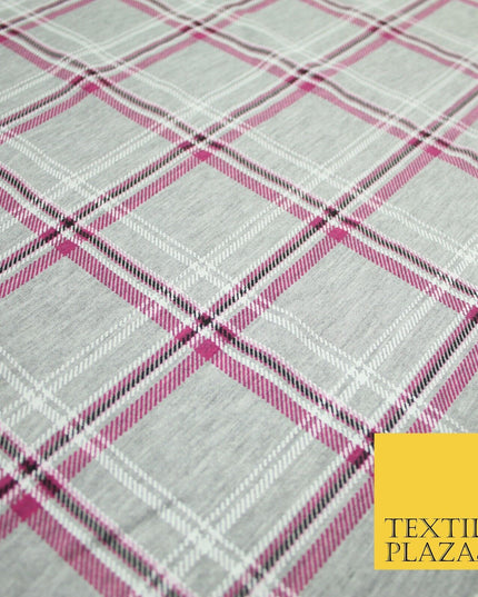 Grey and Pink Check Print Soft Touch Stretch Jersey Fabric 56" 6597