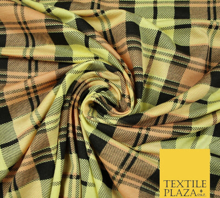 Yellow Peach Black Check Tartan Print Soft Stretch Jersey Fabric 56" 6594