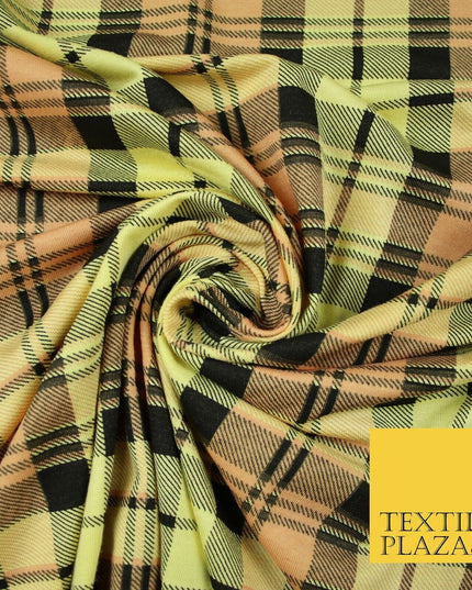 Yellow Peach Black Check Tartan Print Soft Stretch Jersey Fabric 56" 6594