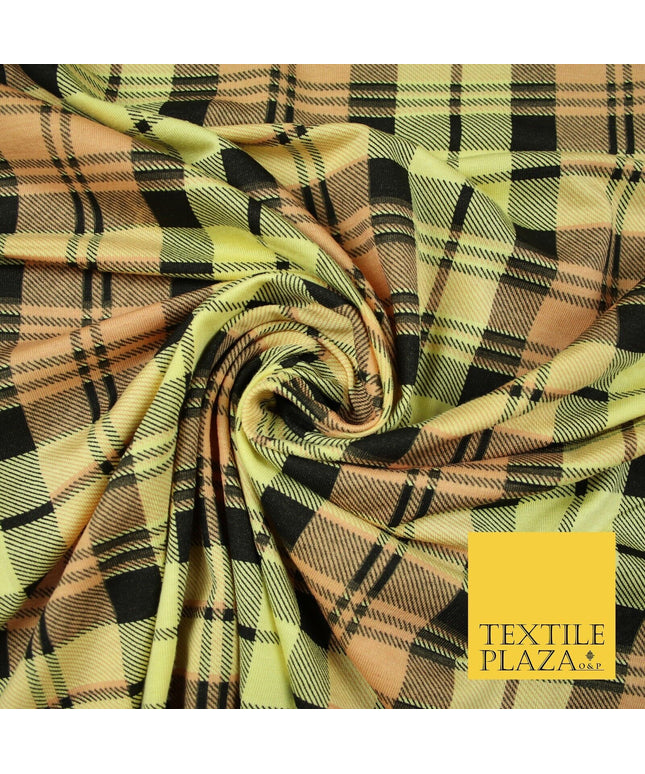 Yellow Peach Black Check Tartan Print Soft Stretch Jersey Fabric 56" 6594