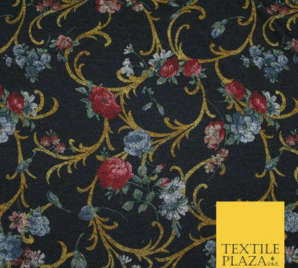 Black Marl Vintage Floral Print Soft Touch Stretch Jersey Fabric 56" 6727