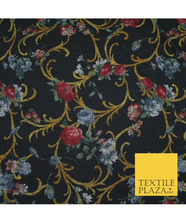Black Marl Vintage Floral Print Soft Touch Stretch Jersey Fabric 56" 6727